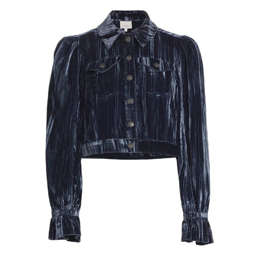 Cinq à Sept Dillon Cropped Crushed Velvet Jacket – Slate Gray Blue XS NEW - Picture 3 of 16